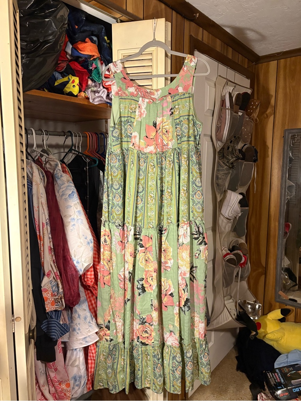 DAVI & DANI Green Floral Tiered Maxi Dress with Pink & Yellow Blooms
